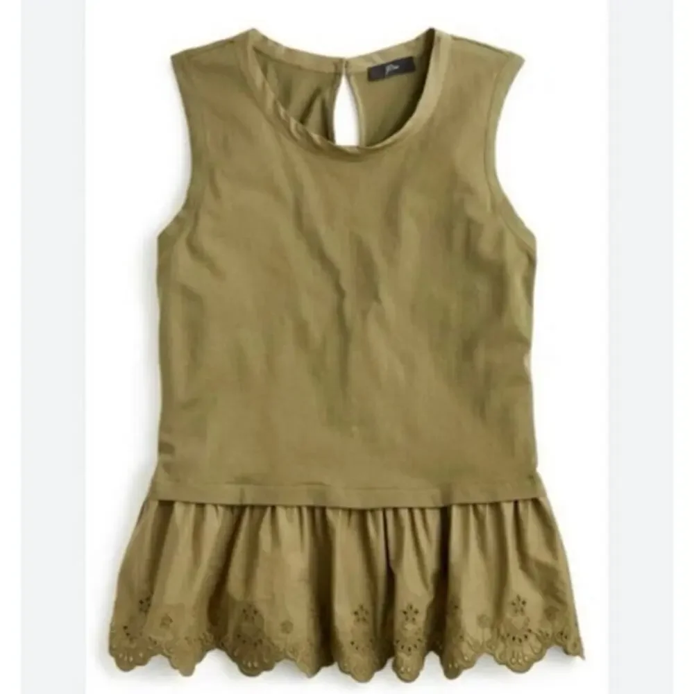 J.Crew Olive Green Peplum Tank Top Eyelet Hem 100% Cotton Women’s Size XS